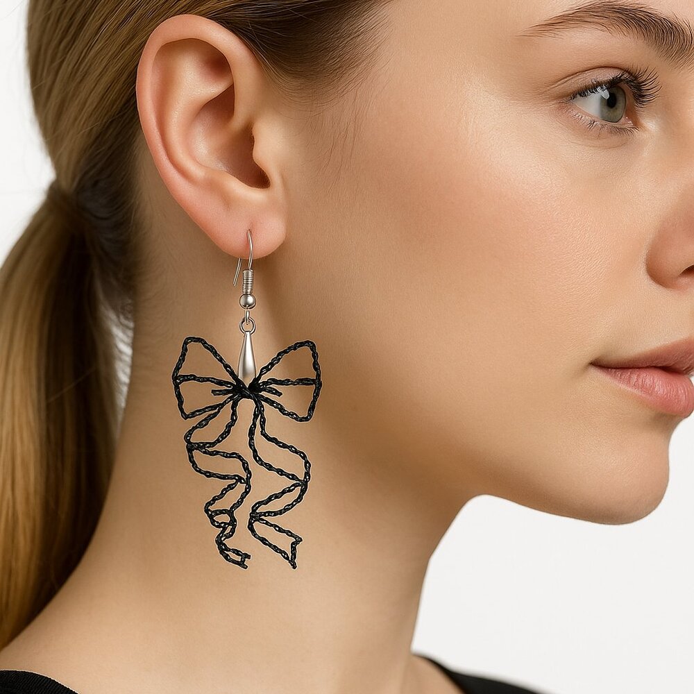 Bow Ribbon 3D-Printed Earrings w/ 925 Silver Hooks Lightweight Medium Black